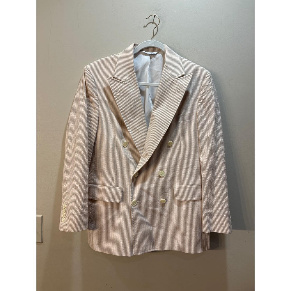 Haspel Marshall Fields Mens Tan White Seersucker Double Breasted Blazer Jacket